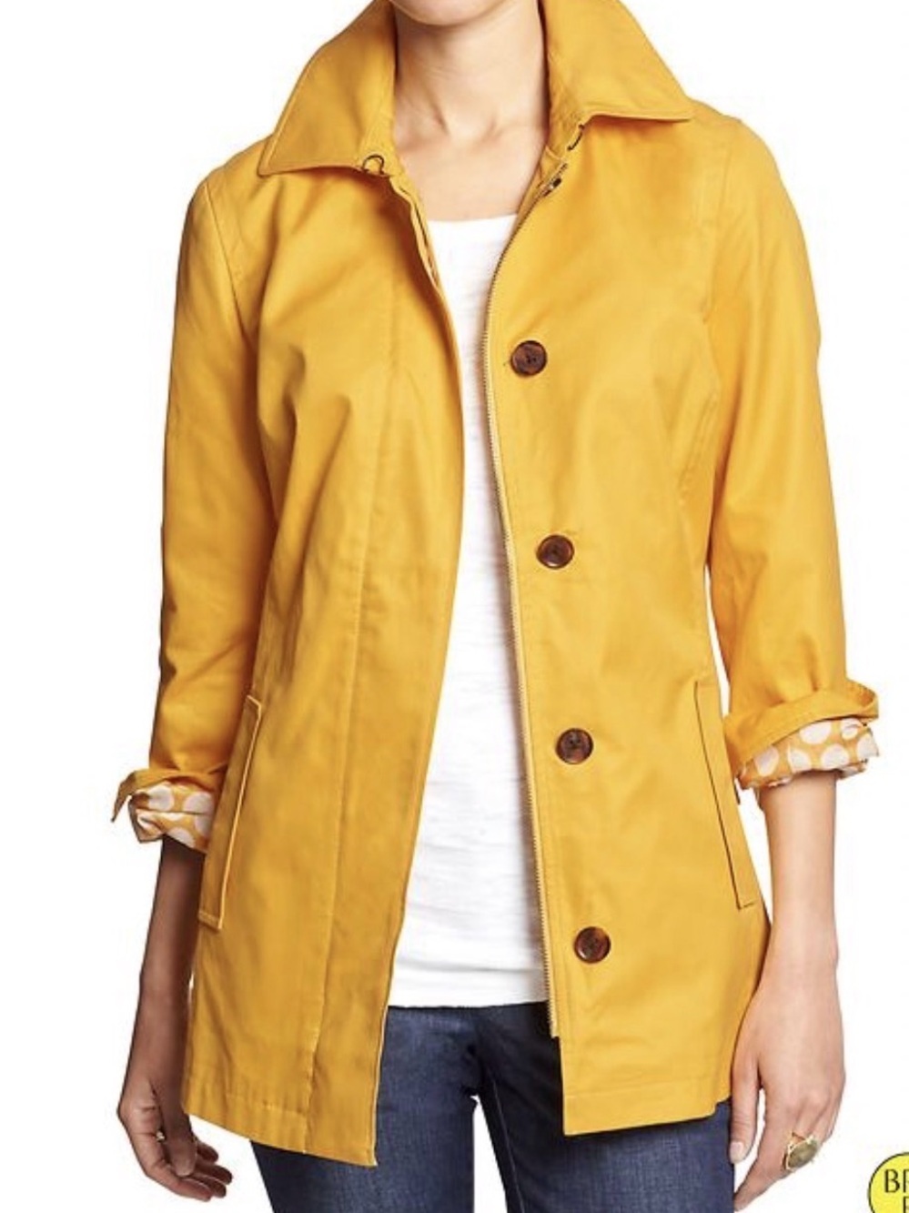 Banana Republic Yellow Belted Trench Parka Coat Polka Dot Lining Large Cotton